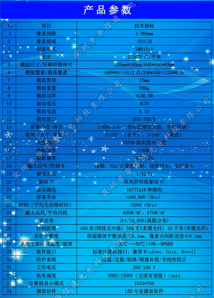 P1.904室内高清小间距LED显示屏技术参数