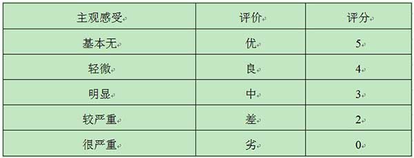 表9 LED显示屏灰度表现力2（伪轮廓现象）评分表